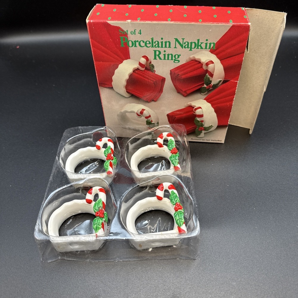 Vintage Porcelain Napkin Rings Candy Canes Set Of 4